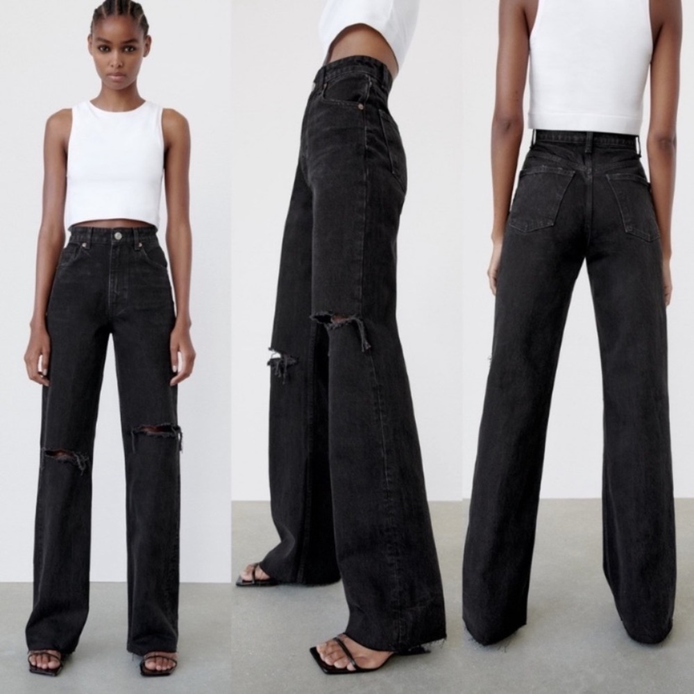 NWT ZARA Ripped wide leg black jeans